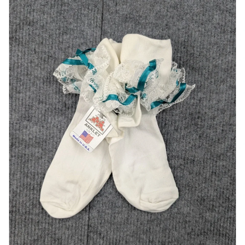Vintage Lace Ruffle Socks Womens 9-11 Nylon Coquette White Chruch Girly Y2K 90s
